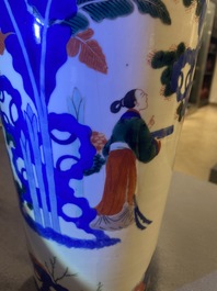A pair of Chinese wucai rouleau vases, 19th C.